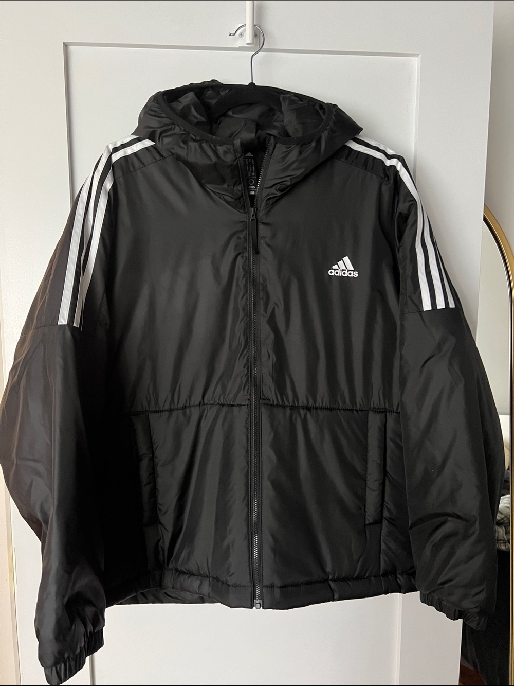 Adidas | Black Hooded Puffer Jacket with White Stripes